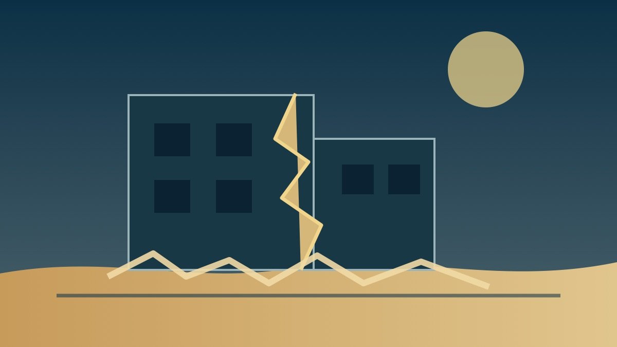 Ilustración editorial abstracta sobre el derrumbe de un edificio dañado por la guerra en Gaza
